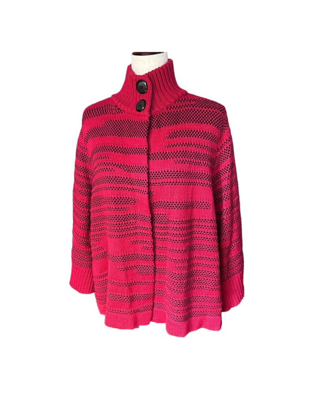 Chico's Cardigan Size 3 XL Red Black Kendra Sweater Wide Sleeve Wool Blend Mock